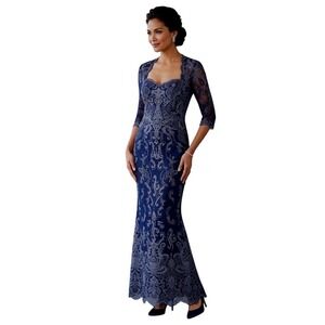 Ivonne D Mon Cheri Size 12 Navy Blue Embroidered Lace Evening Gown Formal MOB